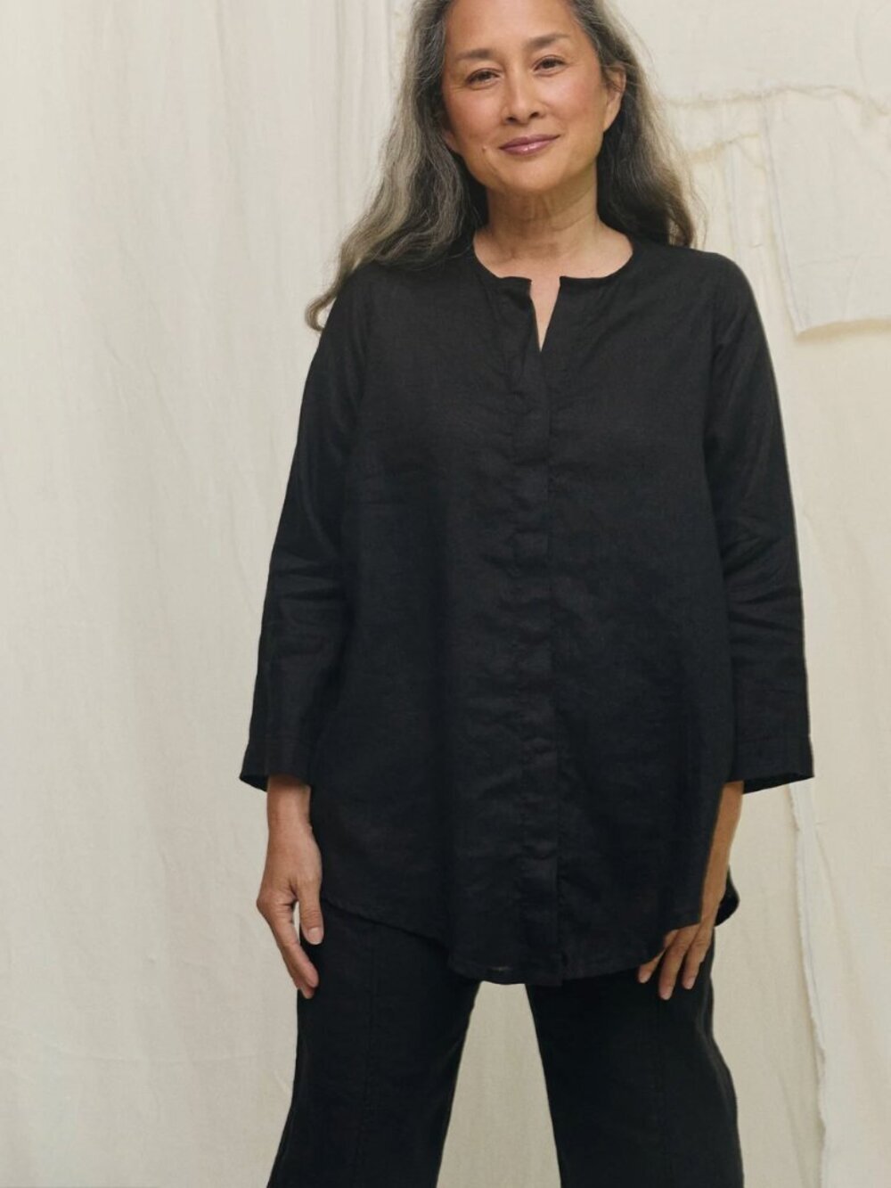 Elizabeth Suzann Kara Snap Button Down Top Long Sleeve in 100% Linen Large $312